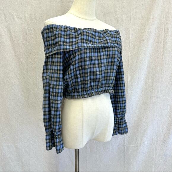 Stefano vintage 90s flannel plaid off the shoulder cropped peasant top medium - Picture 6 of 14